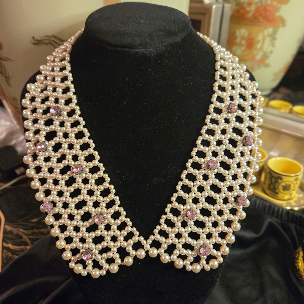Pearl and Pink Crystal Lattice Collar Necklace - Elegant Statement Jewelry